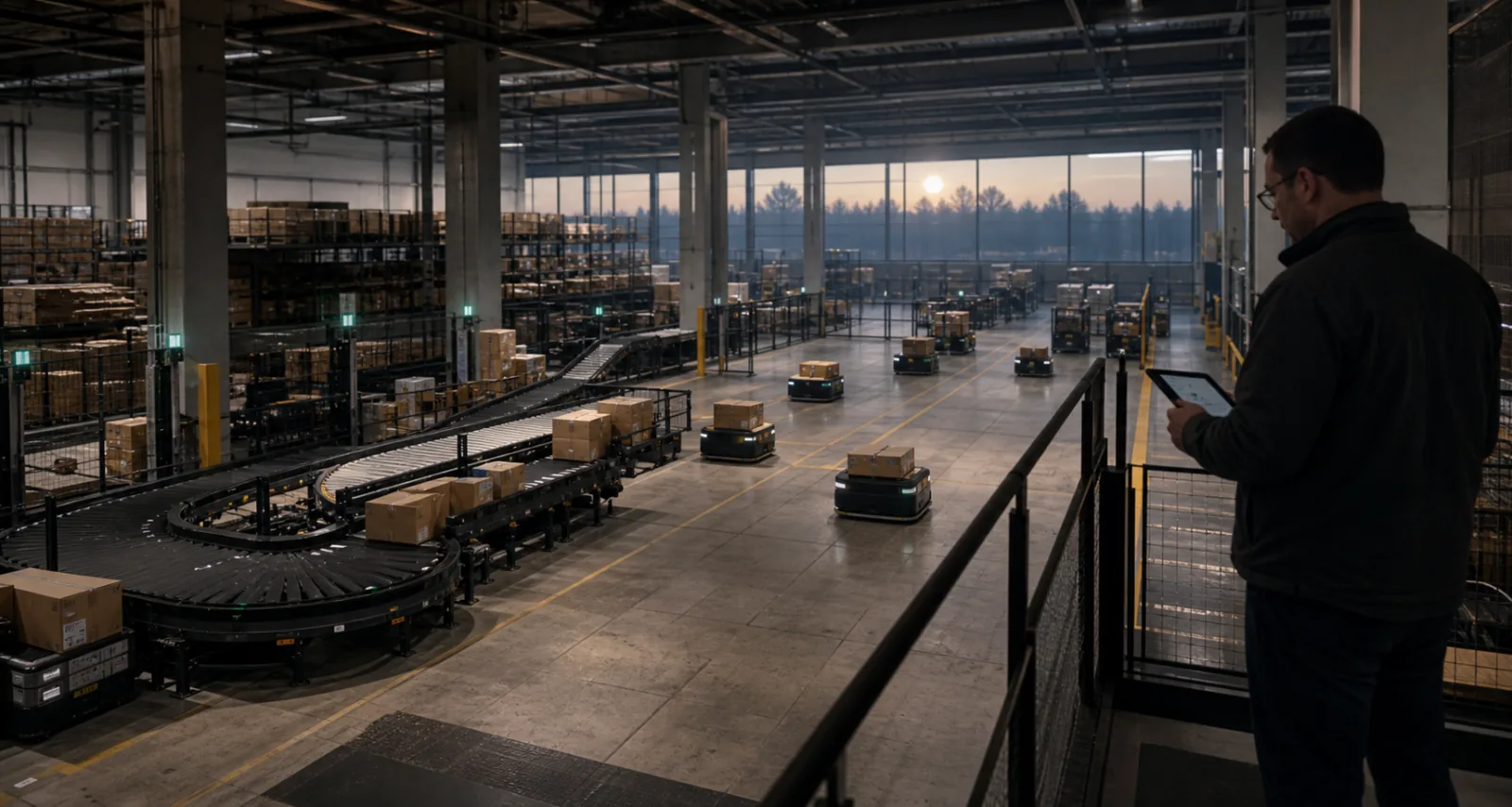 A logistics operation running while a human supervisor reviews an exception from the floor boundary